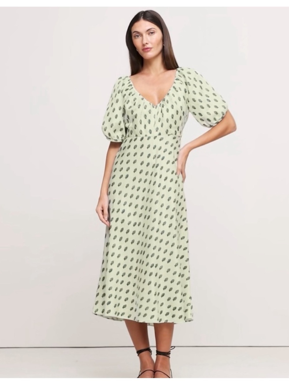 Banana Republic Light Green Print V-Neck Puff Sleeve Midi Dress 4